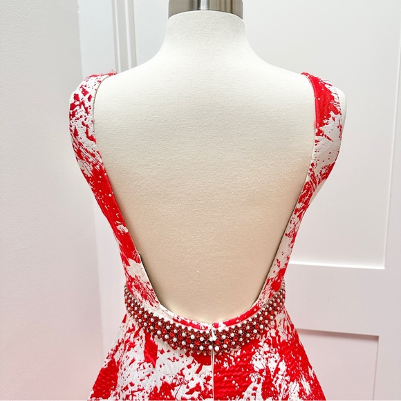 JOVANI Red and White Print Backless A-Line Evening Gown - Picture 11 of 16